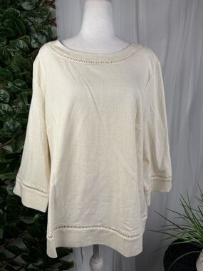 Norm Thompson Cream Boatneck Knit with Openwork Trim